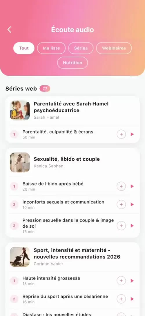 Volet éducatif et écoute audio de l'app Womency