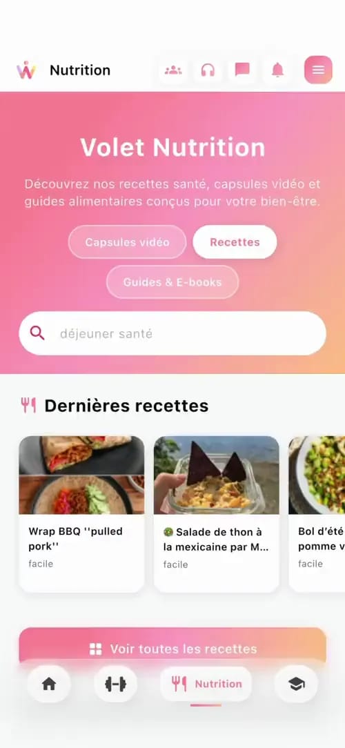 Volet nutrition de l'app Womency avec les recettes