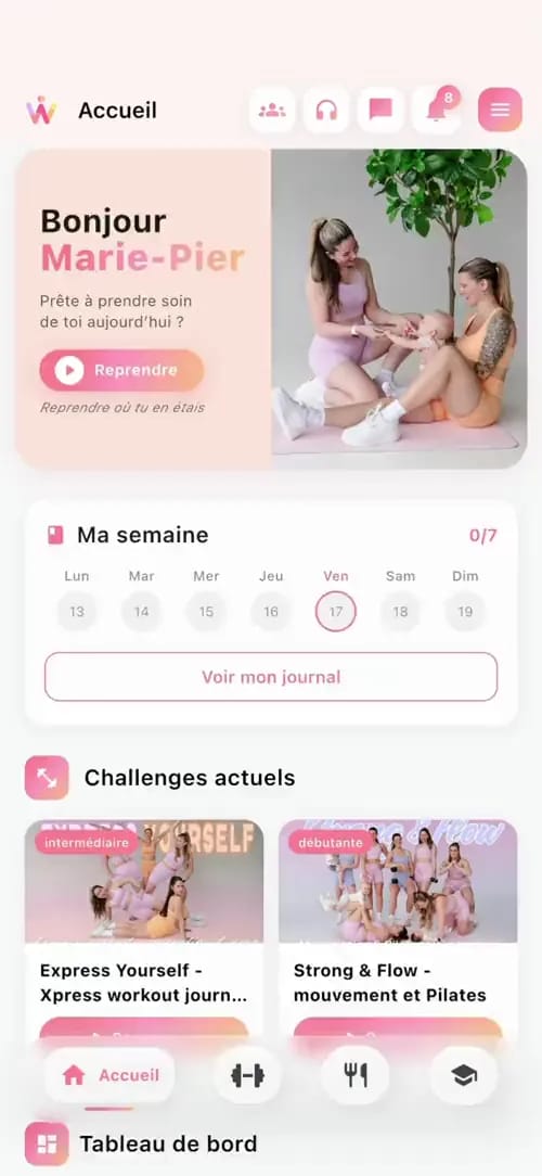 Volet entraînement de l'app Womency avec la liste des programmes