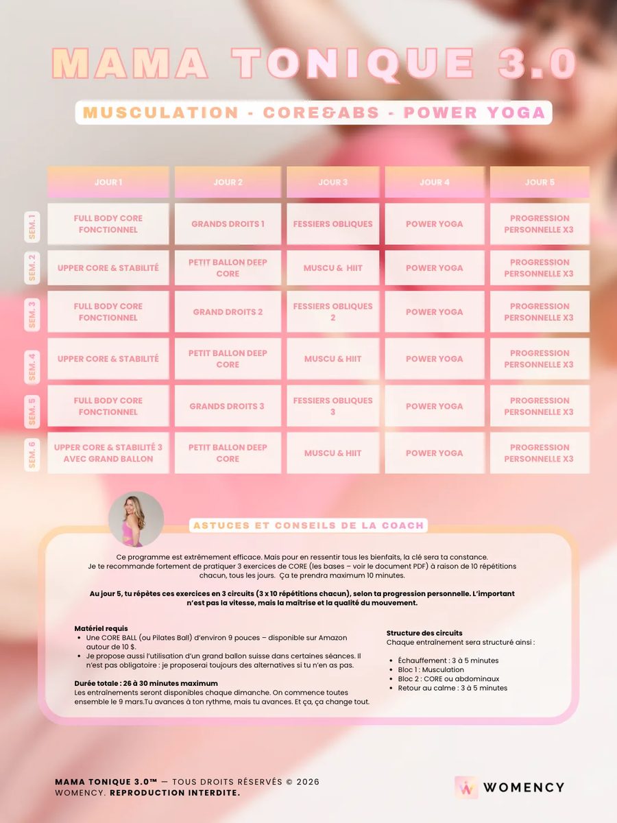 Le calendrier de 6 semaines du programme Mama Tonique 3.0